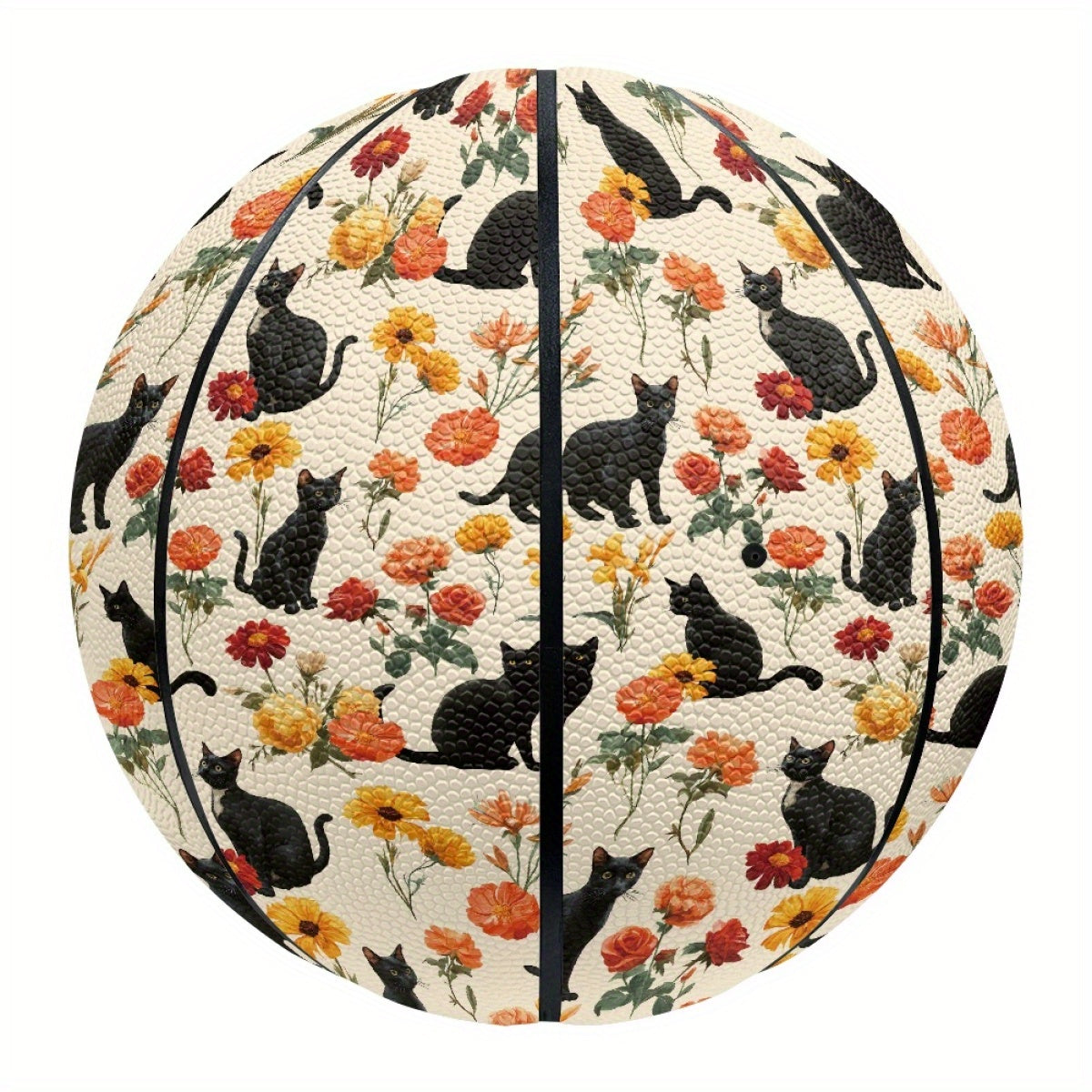 Personalized Basketball with Vibrant Cat & Floral Design - High-Elasticity, Comfort Grip