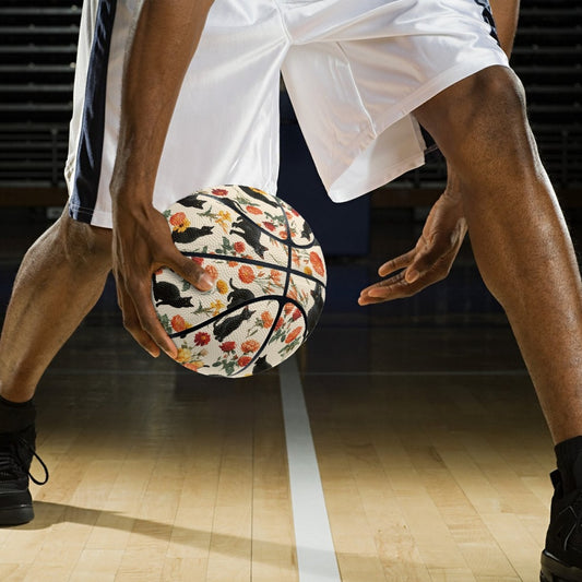 Personalized Basketball with Vibrant Cat & Floral Design - High-Elasticity, Comfort Grip